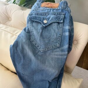 True Religion Brown Leather Patch Blue Denim Jeans